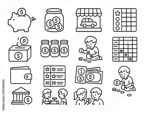 Finance icon set: economy, budget, savings, bank, money, wallet, business linear vector icons