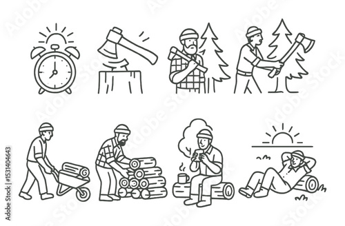 Lumberjack set. woodcutting linear icons. axe, trees, worker, relax, campfire, timer vector icons.