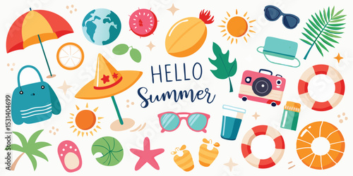 Colorful summer elements illustration with hand lettering hello summer for holiday designs