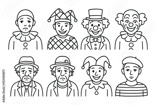 Clown and mime set. circus performers linear designs. clown, mime, jester, hat vector icons.