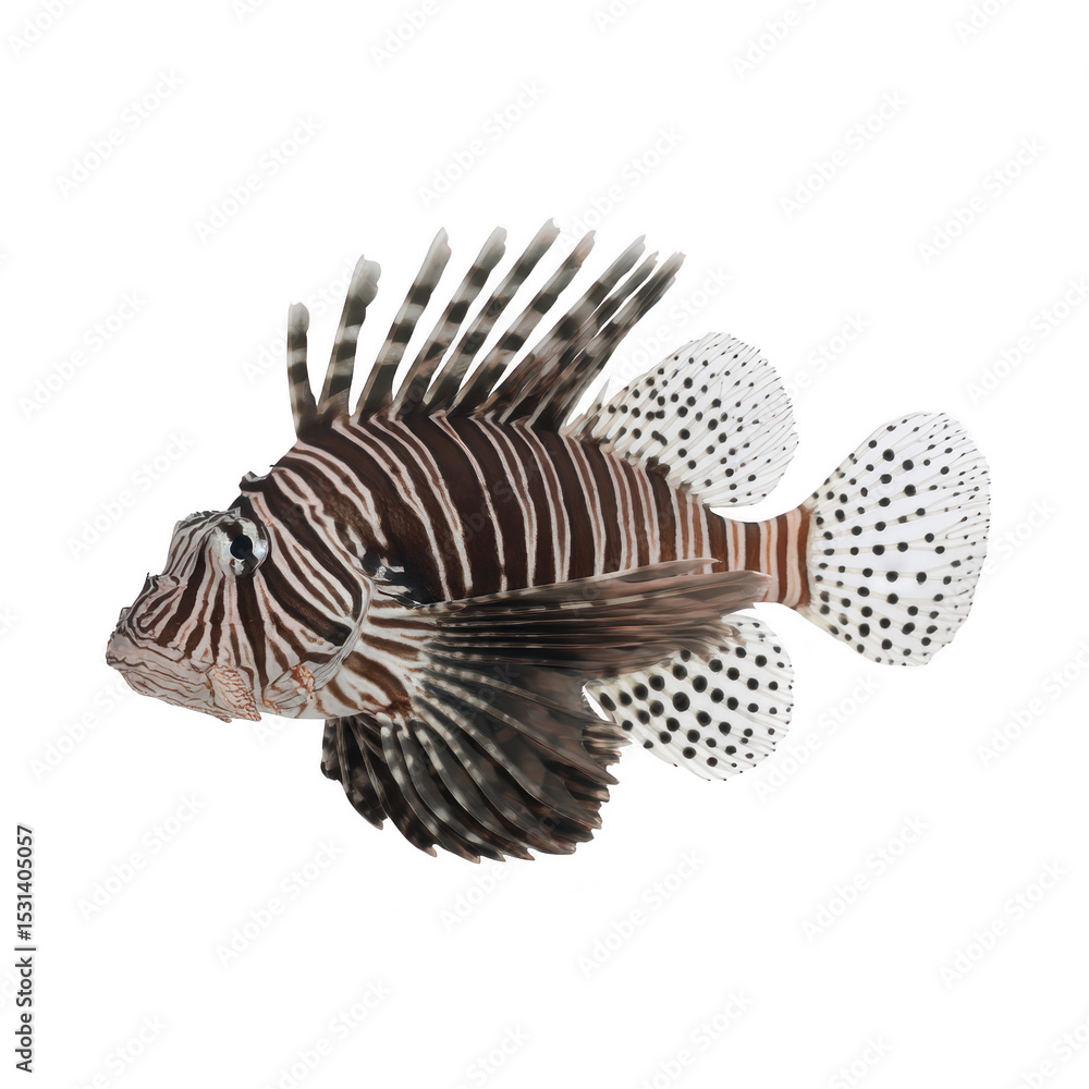 Striking lionfish with bold stripes and spotted fins, showcasing its unique and vibrant appearance. fish spines are prominently displayed, adding to its exotic allure Striking lionfish with bold stripes and spotted fins, showcasing its unique and vibrant appearance. fish spines are prominently displayed, adding to its exotic allure