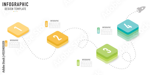 Rectangular isometric infographic template or element with 4 step, process, option, colorful rectangle, bar, column, arrow, minimal style, slide