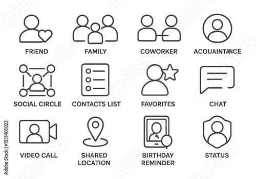 Social connections icon set. linear people, chat, video, location, birthday, status vector icons.