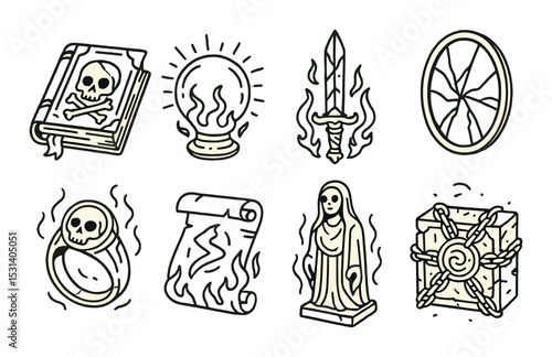 Magical artifact set. fantasy flat icons. book, orb, sword, wheel, ring, scroll vector icons.