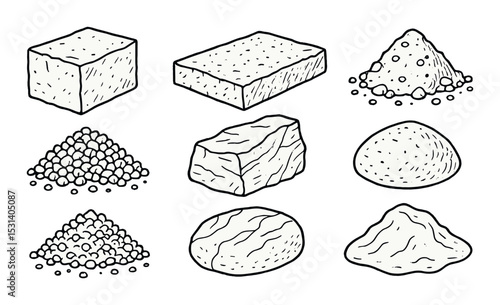Mineral texture set. raw material silhouette cube, granule, stone, powder vector icons.