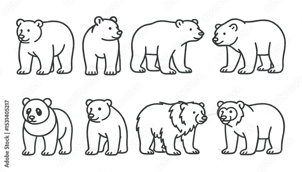Naklejka premium Bear icon set. forest animals linear style. bear, panda, grizzly, polar vector icons