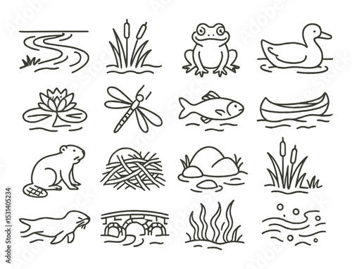 Wetlands animal set. pond nature linear icons. frog, duck, fish, beaver, dragonfly vector icons.