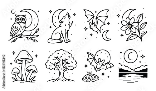 Night nature set. nocturnal silhouette icons: owl, bat, moon, wolf, flower, tree vector icons.