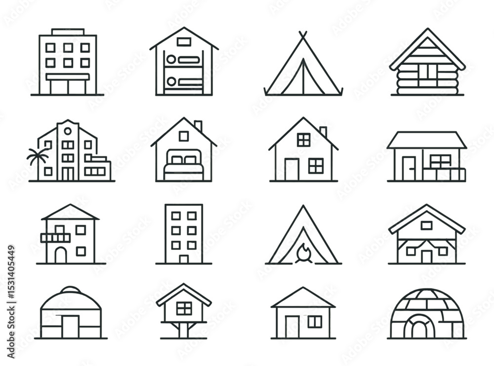 Fototapeta premium House and building set. linear home, apartment, tent, igloo, cabin, hut vector icons.