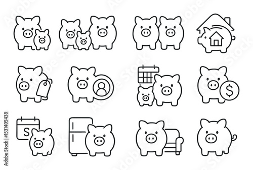 Piggy bank set. savings and finance linear symbols. tag, calendar, coin, home vector icons.