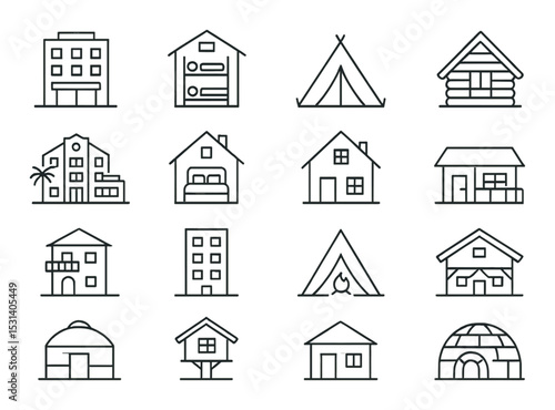 House and building set. linear home, apartment, tent, igloo, cabin, hut vector icons.