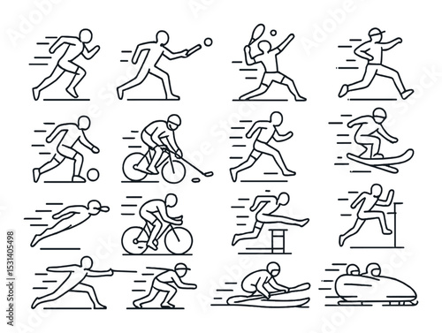 Sports activity icon set. athletic events linear style. running, cycling, skiing, bobsleigh vector icons.