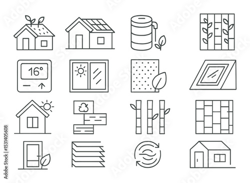 Eco home set. sustainable living linear icons. house, solar, window, garden, insulation vector icons.