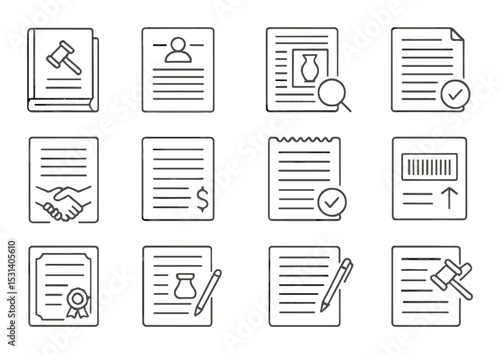 Document icon set: linear office, legal, certificate, contract, pen, magnifying glass vector icons
