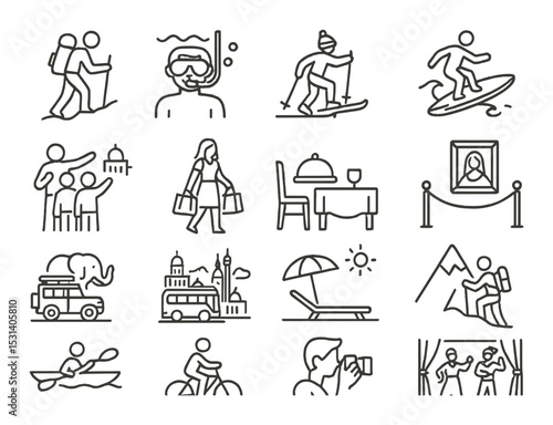 Activity set. travel and leisure linear icons: hiking, surfing, shopping, dining vector icons