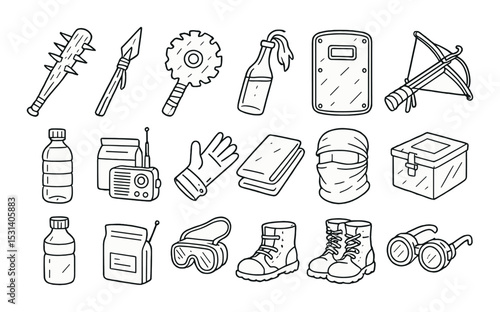 Survival gear set. emergency preparedness linear tools. radio, boots, goggles, glove vector icons.