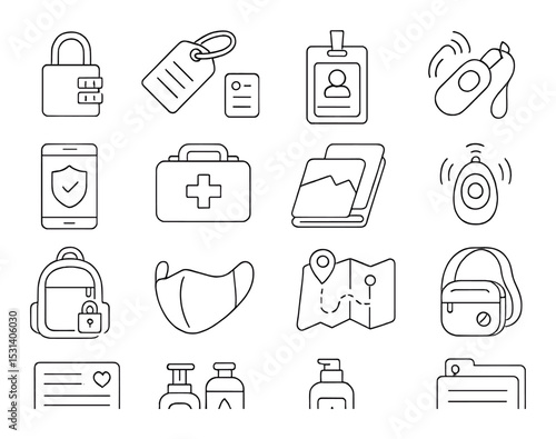 Travel security set. safety and health linear icons: lock, tag, id, gps, map, bag, mask vector icons.