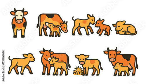 Cow and calf set. farm animal flat style. cow, calf, livestock, farm, pasture vector icons.