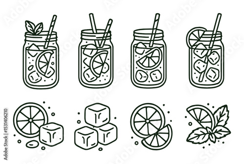 Lemon mint drink set. refreshing beverage linear icons. glasses, ice, lime, mint, straw vector icons.