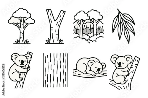 Koala tree set. australian wildlife linear koalas, forest, eucalyptus, branch vector icons
