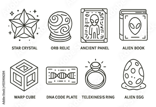 Ancient artifact set: mystical relics, alien symbols, linear icons - vector icons