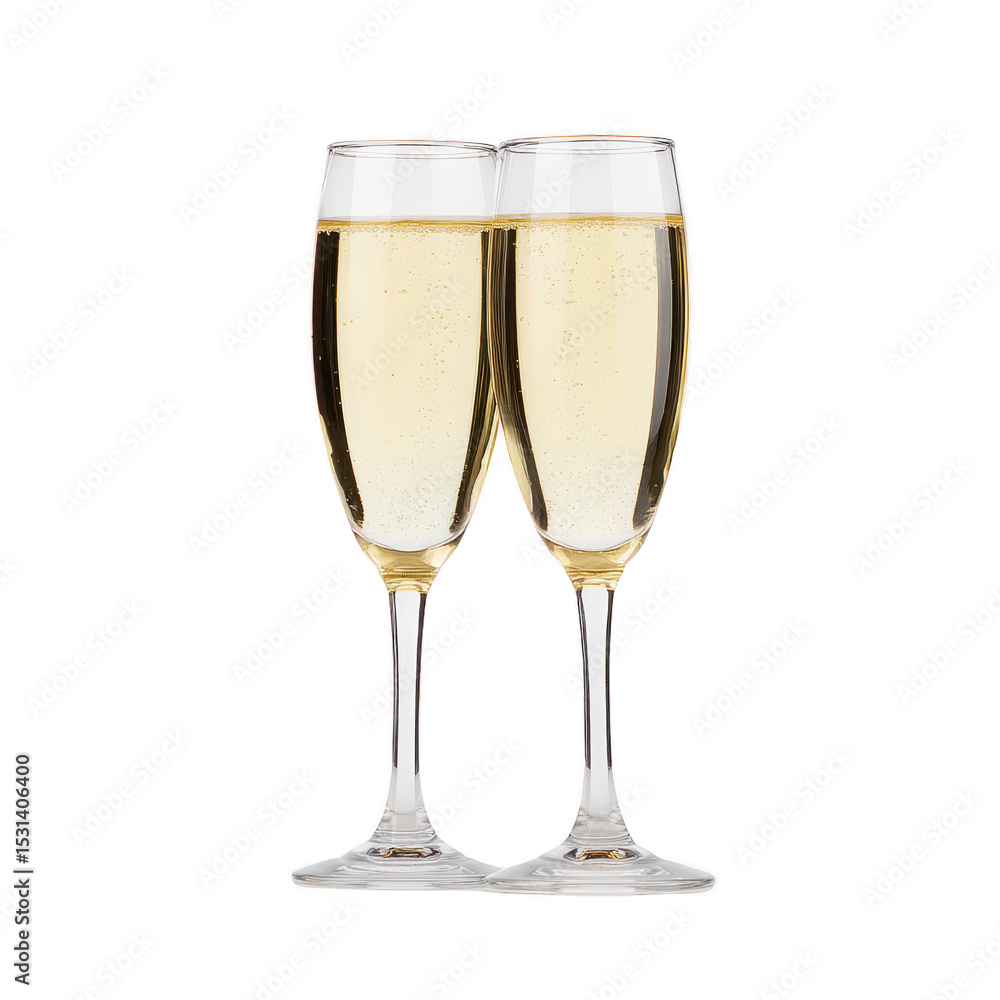 Two elegant champagne flutes filled with sparkling wine are placed side by side, creating celebratory and romantic atmosphere. bubbles rise gently, adding touch of festivity Two elegant champagne flutes filled with sparkling wine are placed side by side, creating celebratory and romantic atmosphere. bubbles rise gently, adding touch of festivity