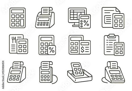 Calculator icon set. finance and accounting linear symbols: calculator, receipt, report vector icons.