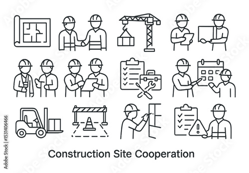 Construction site set. linear construction worker, crane, blueprint, safety vector icons