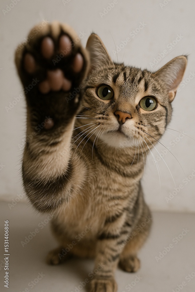 Fototapeta premium POV grey tabby cat touching camera with paw AI generated