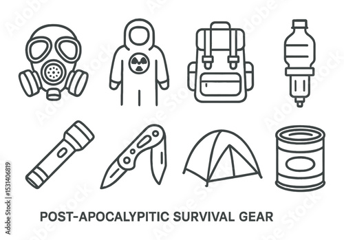 Survival gear set. post-apocalyptic linear icons. gas mask, knife, tent, can, flashlight vector icons.