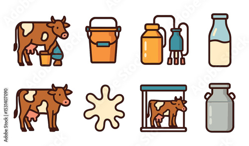 Dairy farm icon set. milk industry flat cows, buckets, jars, machines vector icons.