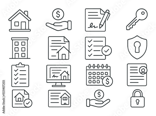Real estate icon set. home, contract, money, key, calendar, security, document linear vector icons.