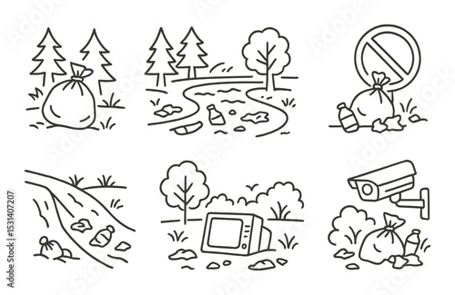 Environmental pollution set. waste, forest, river, camera, prohibited linear vector icons.