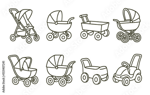 Baby stroller set. infant carriage wheel toys. pram, buggy, cart, pushchair flat vector icons.