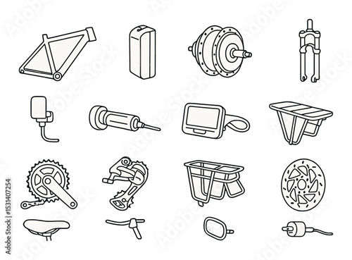 Bicycle parts set. bike equipment silhouette icons. frame, wheel, gear, handlebar vector icons.