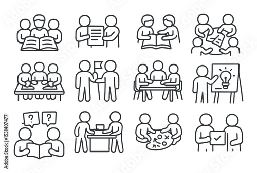 Education collaboration set. group study linear icons. book, discussion, idea, teamwork vector icons.
