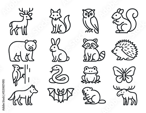Forest animal icon set. woodland creatures silhouette: deer, fox, owl, bear, raccoon vector icons.