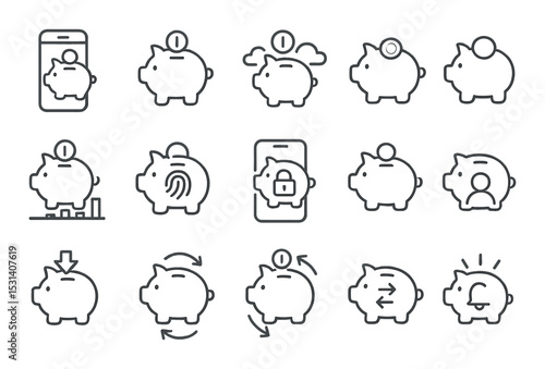 Piggy bank set. saving and finance flat icons. piggy, coin, lock, user, sync, arrow vector icons.
