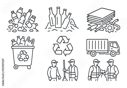 Recycling waste set. eco-friendly icons: bottle, paper, truck, workers. linear vector icons.