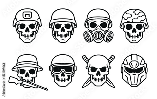 Skull helmet set. military and tactical silhouette skulls. armor, mask, goggles, headgear vector icons.