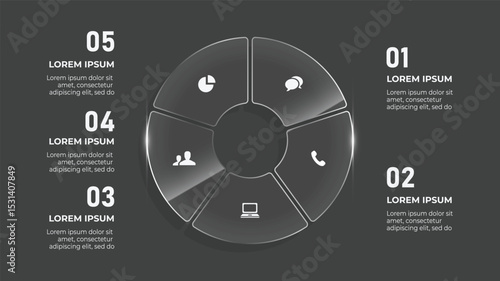 3D Glass Effect Circle Infographic with 5 Business Steps – Vector Timeline Template for Web and Technology Presentation