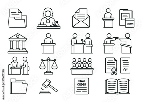 Legal icon set. court, judge, scale, law, document, contract, linear style vector icons.