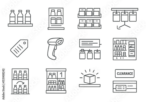 Retail store shelving set. inventory management linear shelves, tags, scanner vector icons.