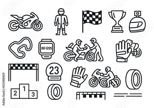 Motorcycle racing set. flat motorsport icons: bike, helmet, trophy, track, flag vector icons.
