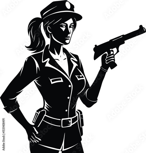 Female Detective Ready with Handgun Vector Silhouette