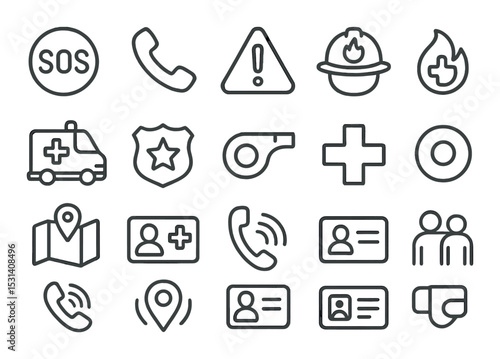 Emergency icon set. flat sos, ambulance, police, firefighter, alert, map vector icons.