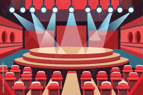 Illustration of a theater stage with red seats and dramatic lighting in a flat style
