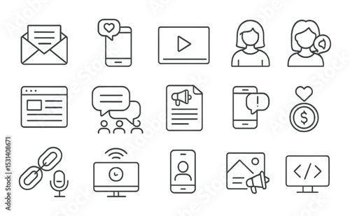 Media and communication icon set: linear email, social, chat, video, profile vector icons