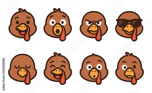 Turkey emoji set. cute birds flat icons: happy, sad, cool, surprised, angry vector icons.