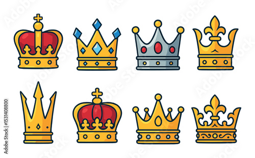 Crown set. royalty flat crowns. monarch, tiara, imperial, jeweled, king, queen vector icons.
